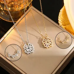 CARLIDANA Transform Luxury Four Leaf Clover Pendant Necklace Stainless Steel Crystal Gold Color Heart Jewelry for Women Gift
