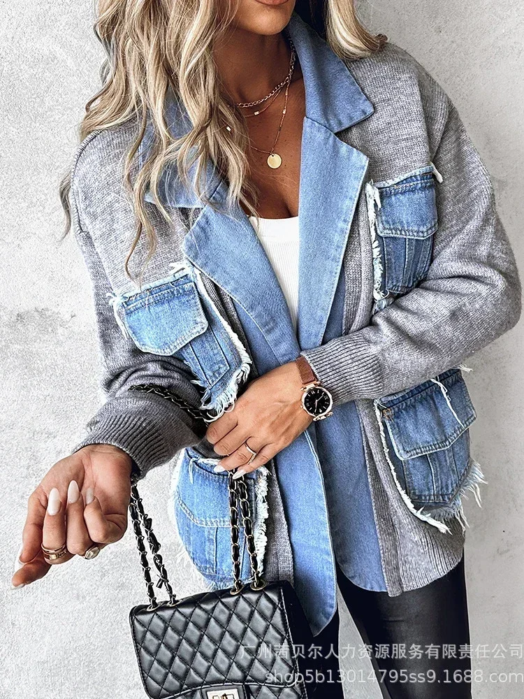 Raw Hem Cardigan Women Sweaters Patchwork Notched Collar Knitted Denim Jackets Jumpers Pockets Thick Coats Autumn Winter Outwear