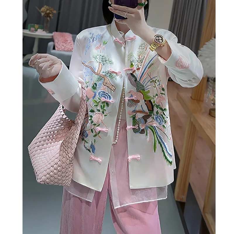 2023 Autumn New Chinese Style Small Standing Collar Single Breasted Exquisite Embroidery Hundred Birds  Acetate Fiber Coat S-XXL