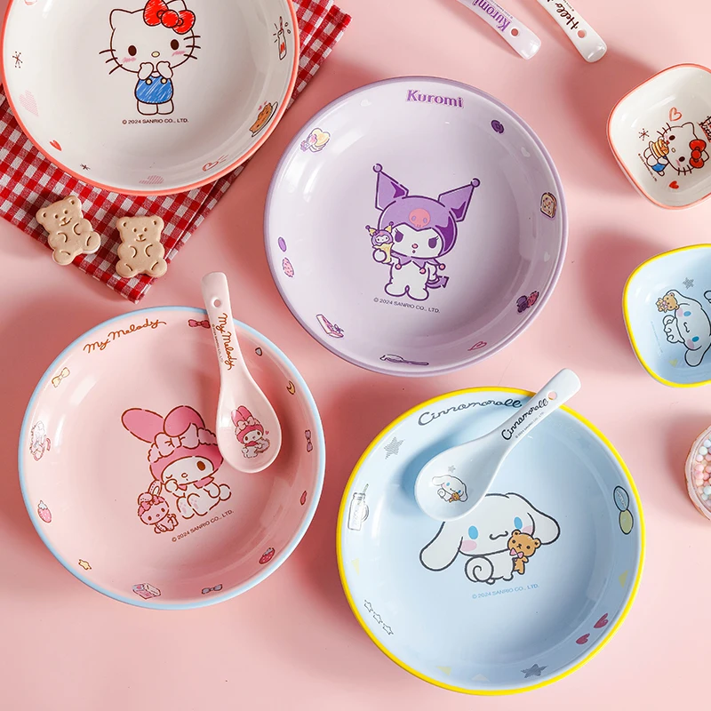 

8 Inch Cute Ceramics Tableware Sanrio Kuromi Round Cartoon Creative Fruit Plate Household Dining Table Snack Plate Heat-resist