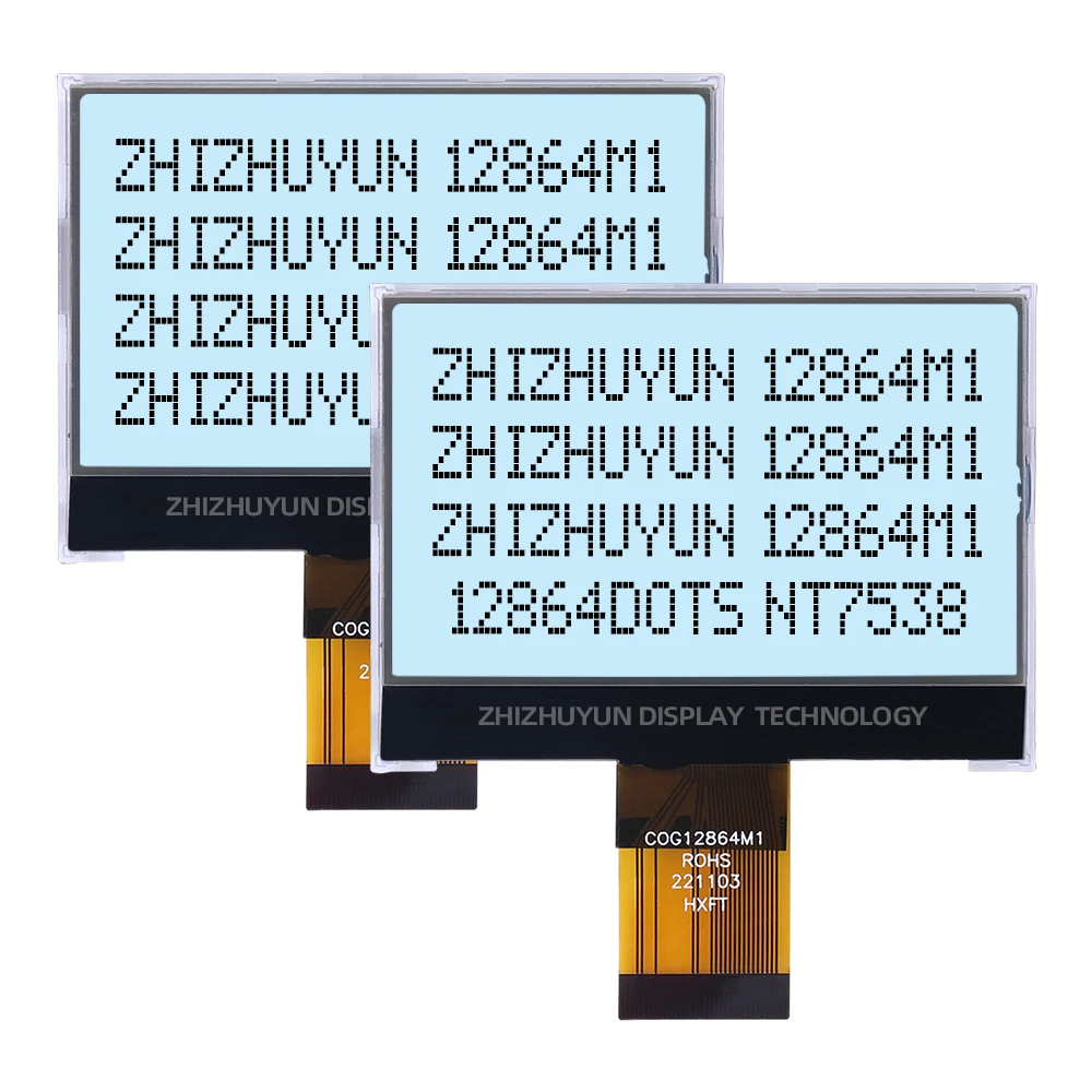 그레이 필름 Fstn 블랙 텍스트 12864 LCD 스크린, 36 핀 0.5mm 간격 직렬 포트, 흰색 백라이트 포함, 72mm x 53mm, COG12864M1