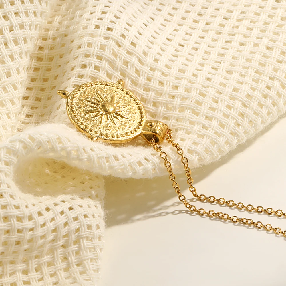 E.B.belle Frosted Surface Acient Sun Compass Pendant Necklace For Woman Ladies New Stee PVD Plated Coin Necklace Gold Jewelry