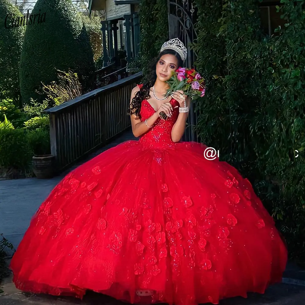 Vestido de fiesta de quinceañera hecho a mano, rojo, escote corazón, con tirantes finos, con cuentas, apliques de flores, 15