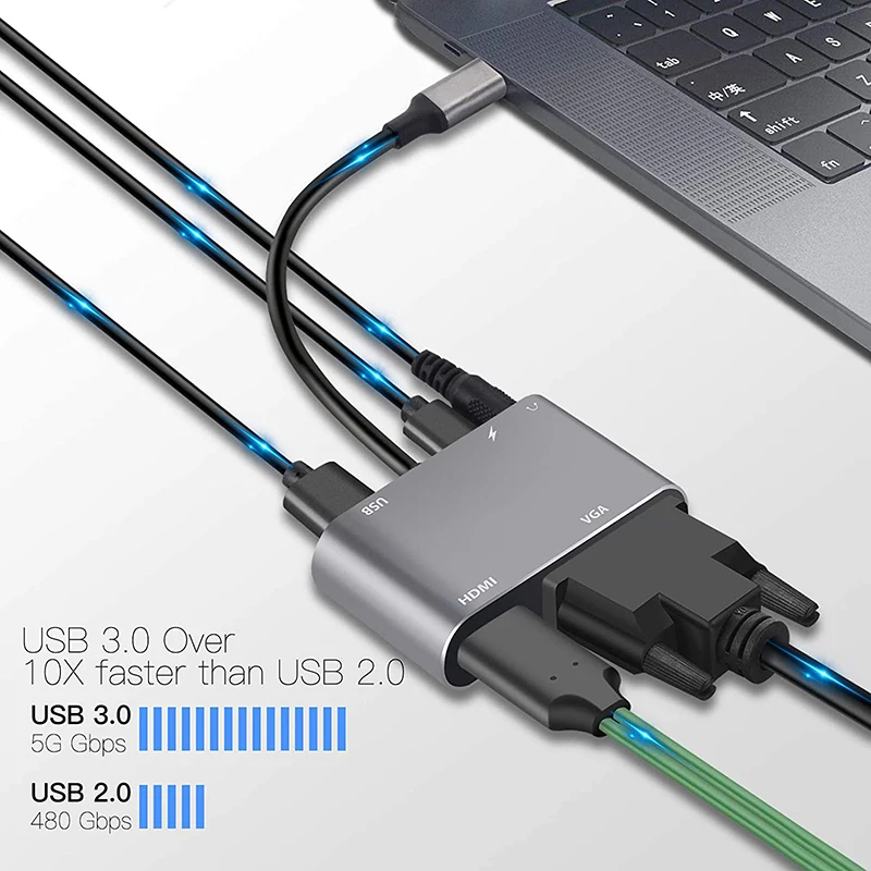 

USB C Hub 4 in 1 / 5 in 1 Type C 3.0 Adapter to 4K Compatible-HDMI VGA USB 3.0 PD Fast Charge Splitter Extend Adapter for Laptop