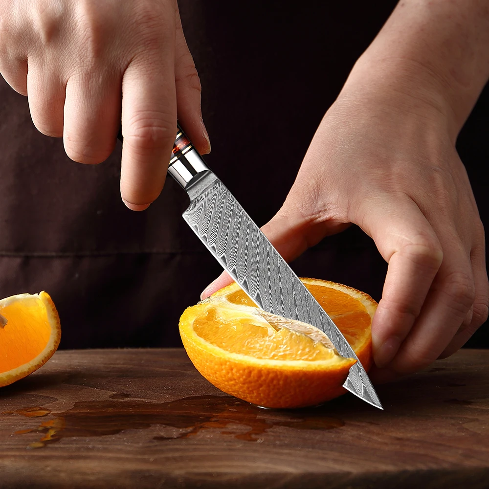 Coltello multiuso Damasco Coltello da cucina affilato da 5 pollici Coltello da bistecca per sbucciare frutta in acciaio Damasco VG10 Coltello affilato per pomodoro vegetale