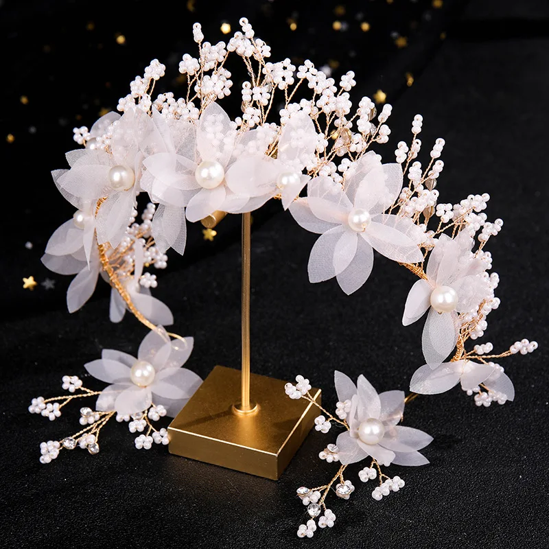 Floral Beaded Headband Earring Set Bridal Hair Hoop and Dangle Petal Rhinestone Pearl Headbands Princess Bridal Crowns Jewelry image 2