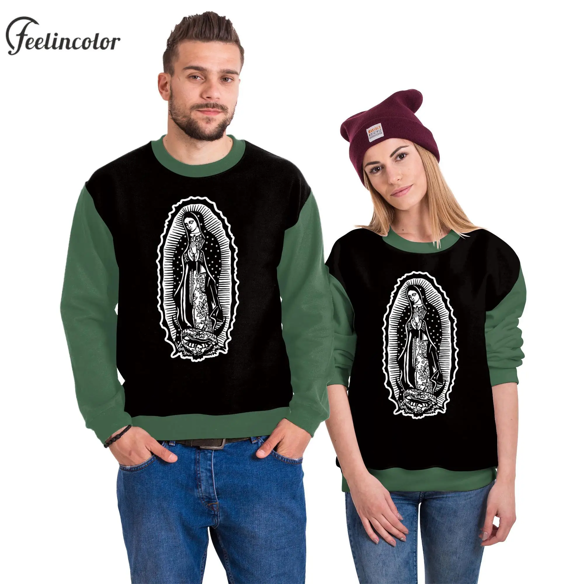 Impressão Digital Unisex Crewneck Sweatshirt, Nossa Senhora de Guadalupe, Virgem Maria Pullover, Figura Streetwear Gráfico, Roupas para Casal