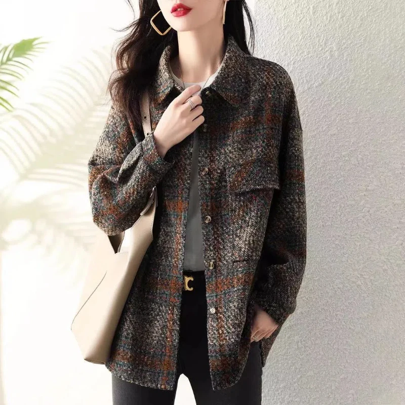 Women's Clothing Turn-down Collar Spring Autumn Contrast Color Button Long Sleeve Pockets Cardigan Coats Casual Jackets Tops