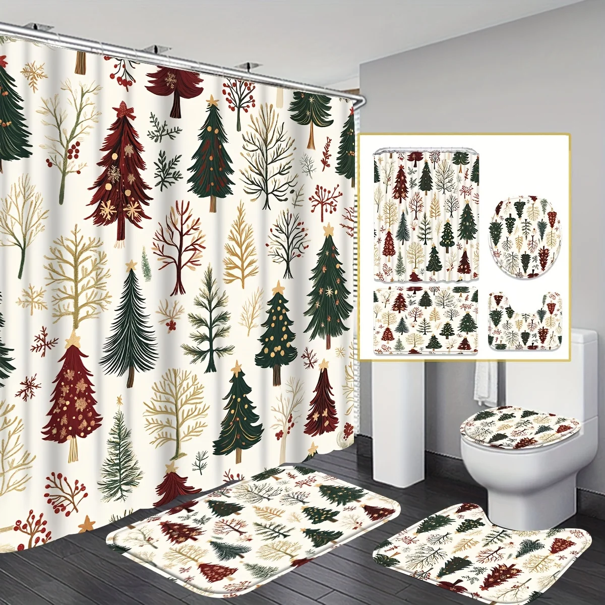 4Pcs Xmas Shower Set, Red Green Gold Cream Tree Design, Non-Slip Mat, U-Shaped Toilet Cover, 12 Hooks, for Christmas