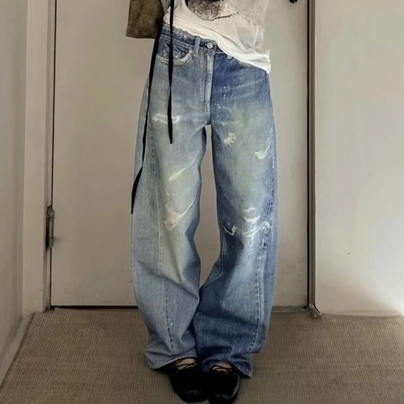 

Loose Straight Leg Digital Print Waed Japanese Sle Men's Jeans Casual Pants Comfortable Fit Classic Blue Denim Trousers