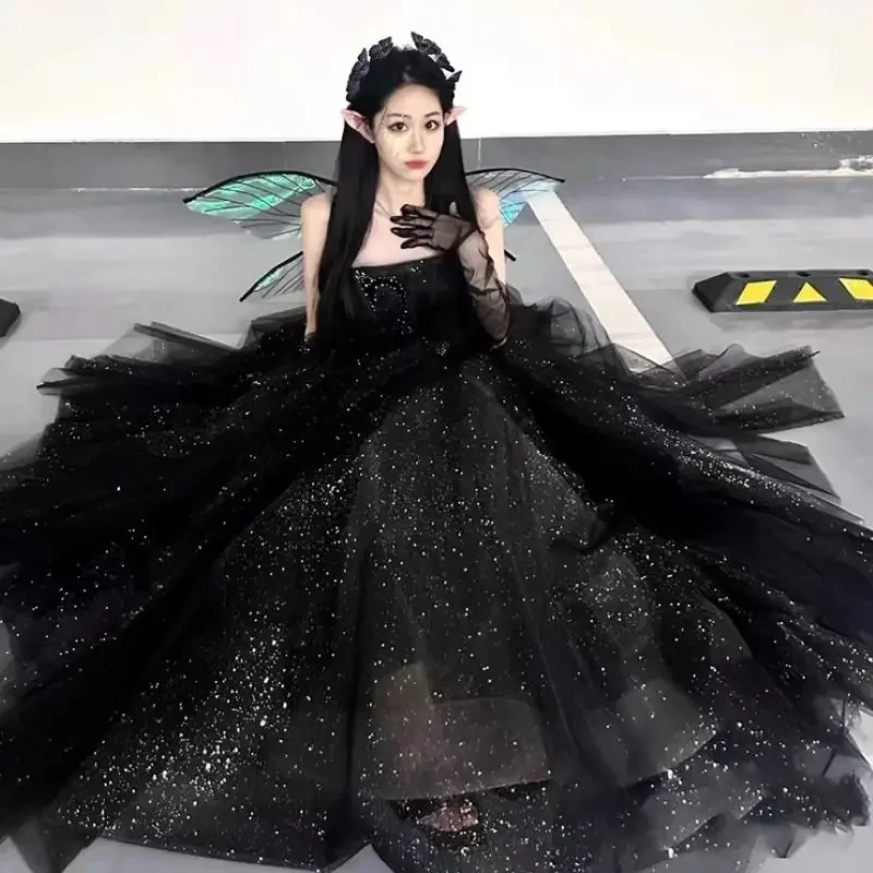 Black Evening Dress Light Luxury Ceremony Black Host Suit Sexy Skirt Sleeveless Shimmer Forest Style Dress