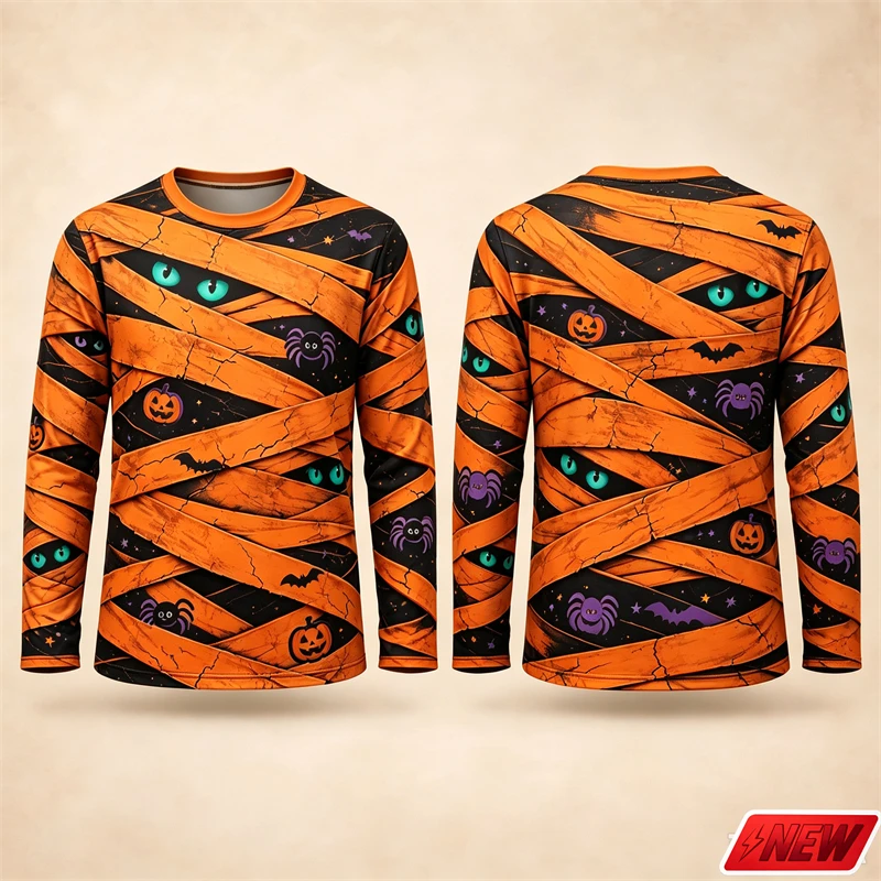 Halloween Fake Bandage Pumpkin Eyeball Pattern Long Sleeve T Shirt Men 3D Print Spider Star Tee Soft Party Novelty Top Unisex