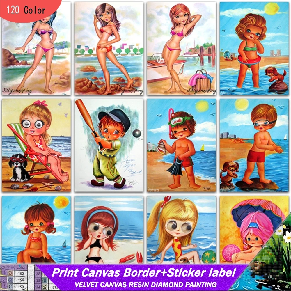 

5D DIY 120 Ccolor смола алмазная живопись с наклейками мультфильм маленькая девочка цветы пляжное искусство мозаика вышивка крестиком