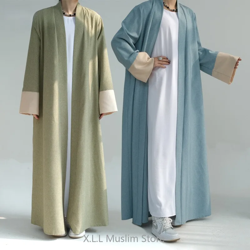 

Linen Open Abaya Elegant Kaftan Cardigan Kebaya Islam Dubai 2024 Luxury Prayer Clothes Long Loose Women Robe Clothing With Belt