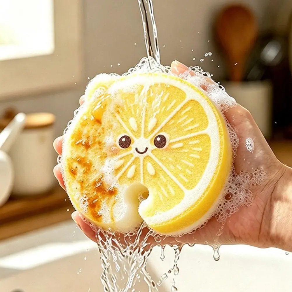 3Pcs Fruit Shape Wood Pulp Sponge Dishwashing Brush - Apple Guava Orange, Quick Foaming Water Absorbent Kitchen