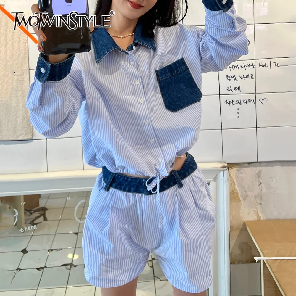 

TWOTWINSTYLE Blue Spliced Striped Two Piece Set Female Lapel Long Sleeve Shirt Normcore Women's Short Pants Set Summer Fashion