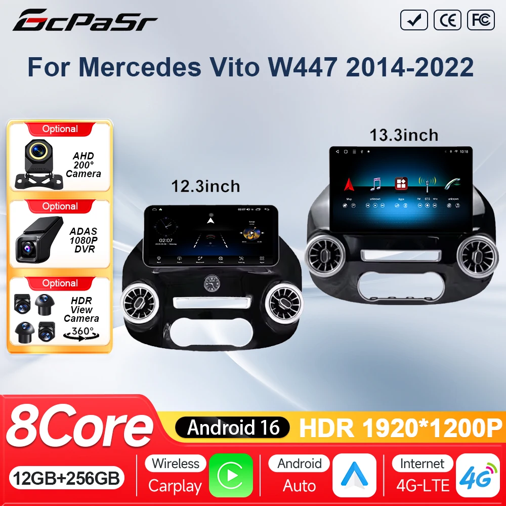 12.3 Inch Android 16 Car Radio For Benz Vito W447 2014 2015 - 2022 GPS Navigation DSP Wireless Carplay DVD FM BT Stereo Receiver