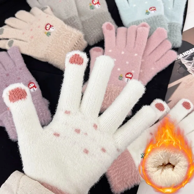 

Осенне-зимние теплые перчатки для сенсорного экрана, толстые бархатные теплые вязаные женские мягкие ветрозащитные перчатки со снеговиком, защита от холода
