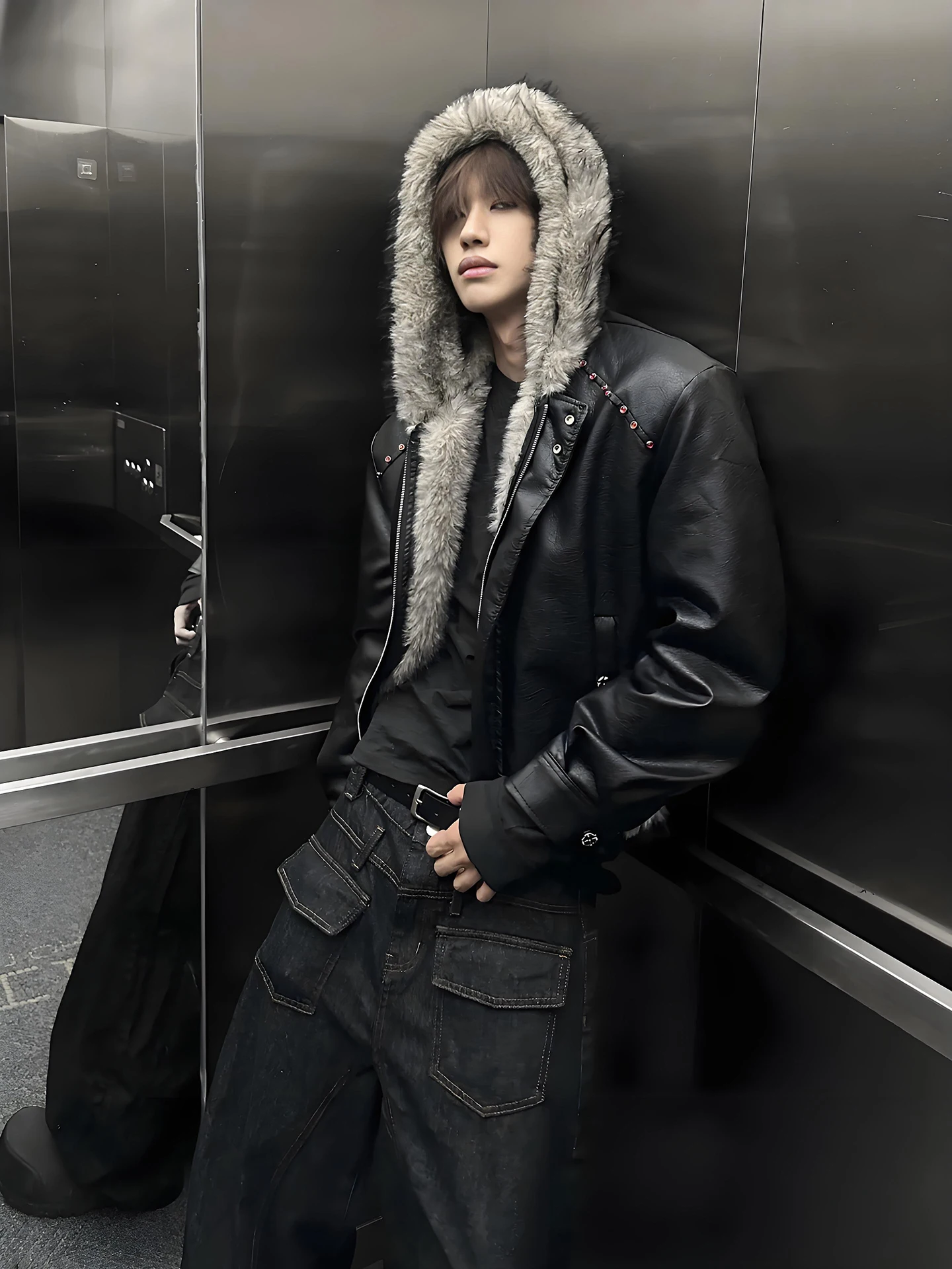 

Bla Hooded Men's Leather Jaet Cotton Coat Fur Collar Snowy Silver American Sle Winter Warm Stand Fit Zipper Closure