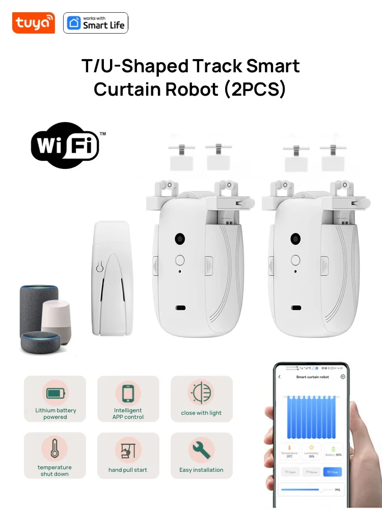 Tuya Smart Curtain Robot WiFi APP Remote Control/Voice Control(Alexa Google Siri)ForTU-Rail shaped Track,Pull-to-start,8KG load