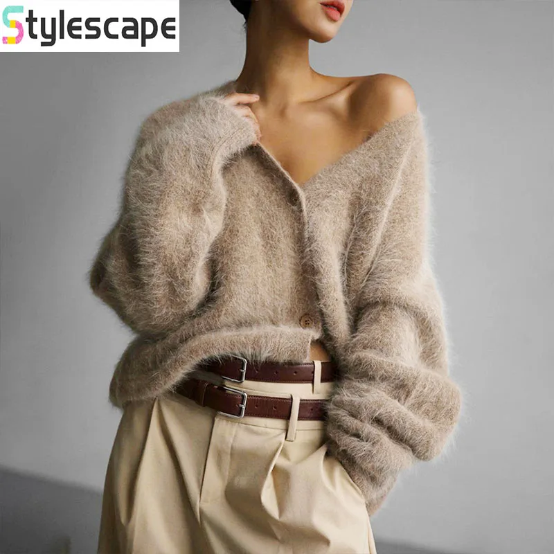 

Imitation Mink Wool Knitted Sweater Cardigan for Autumn and Winter 2025, Loose Long Sleeved V-neck Sweater Jacket for Women