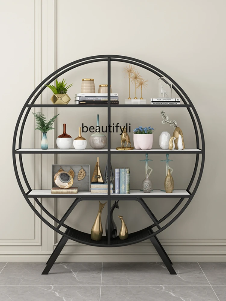 hjround Shelf Storage Display Shelf Bookshelf Decoration Floor Partition Wrought Iron Antique Shelf