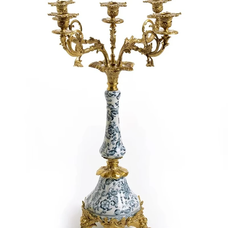Brass candlestick bracket soft decoration five-headed ceramic European retro luxury hotel home decoration customization 1 piece