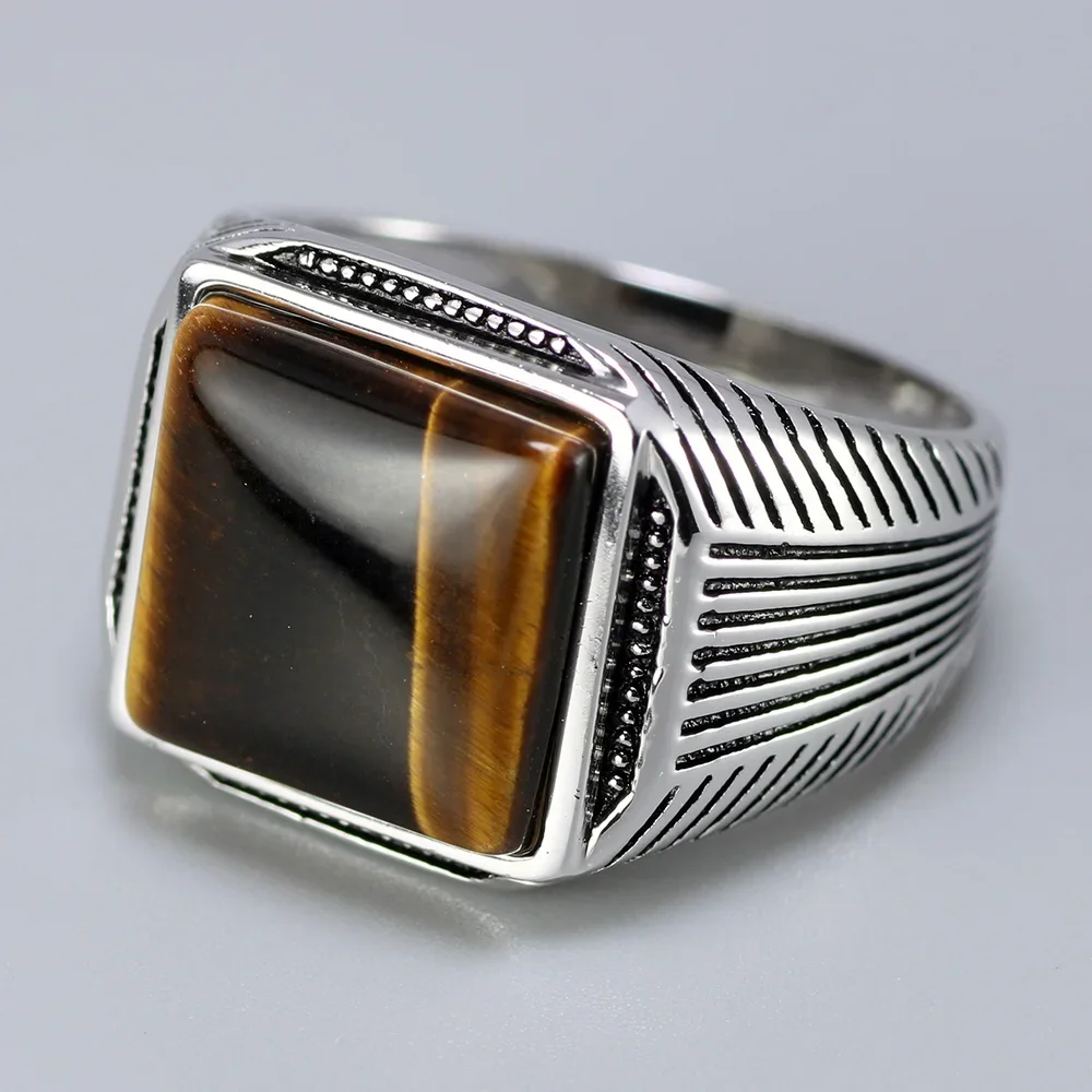 Authentic Sterling Silver 925 Man Ring With Tiger Eyes Fine Jewelry Stripe Pattern Natural Stone Cool Retro Punk Ringen