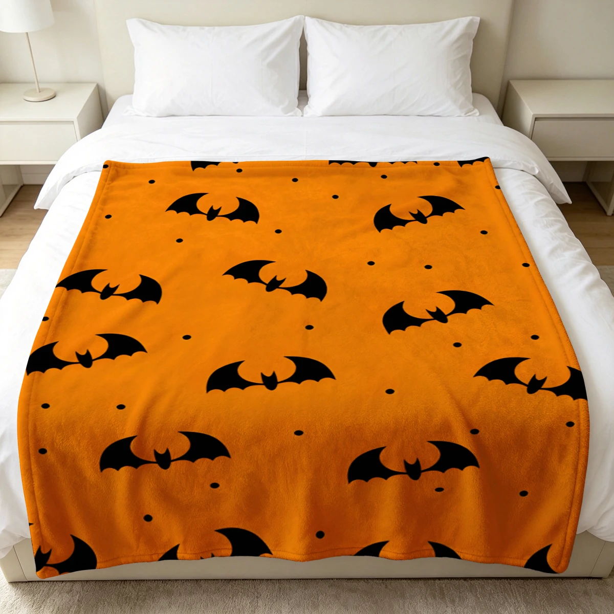 White Stars Orange Bats Soft Fluffy Flannel Blanket Super Cozy Lightweight Bed Blanket for Halloween Sofa Bed Christmas Decor
