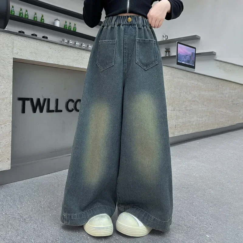 Girls Jeans Children\'s Clothing Spring Autumn Teenager Kids Denim Pants 8 10 12 13 14 Years Wide-leg Trousers School Girls Jeans
