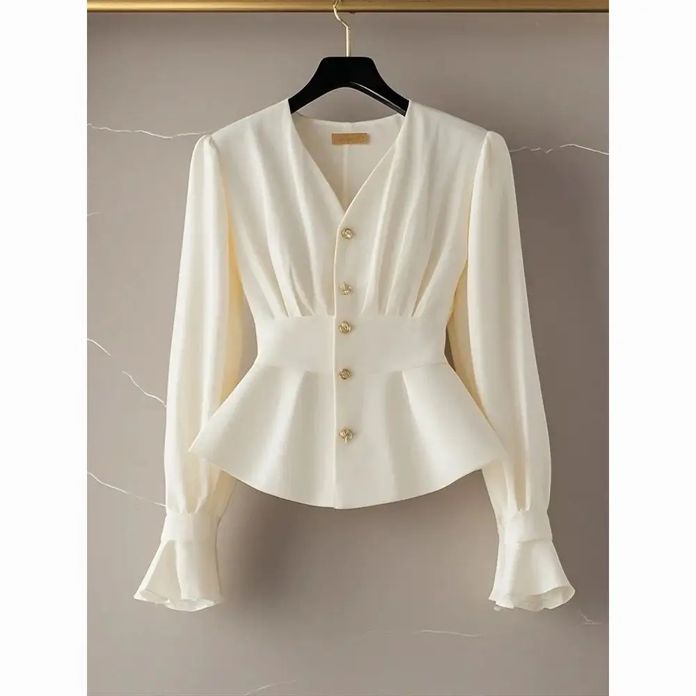 เสื้อเชิ้ตผู้หญิงสไตล์ใหม่ โดดเด่นไม่ซ้ำใคร หรูหราเบาๆ แฟชั่นสีแอปริคอต กระดุมแถวเดียว แขนยาว ดีไซน์เฉพาะตัว ใส่ได้หลากหลายโอกาส