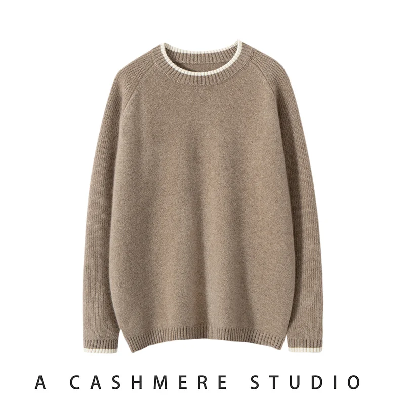 

Men's Color-Block O-Neck Long-Sleeve Pullover 100% Cashmere Casual Fashion Sweater Autumn Winter Business Home Knit Jackets Tops