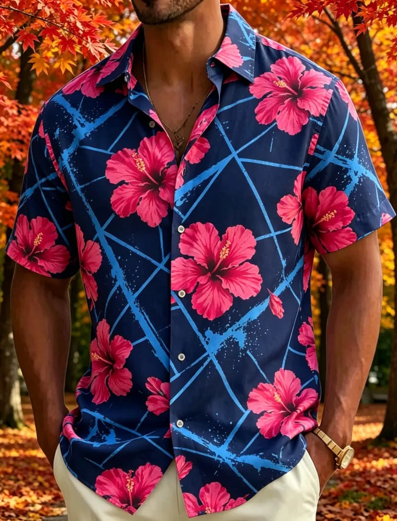 Men's Tropical Floral Printed Short Sleeved shirt, Suitable For Vacation travel, Outdoor activities, And Fresh Tropical style.