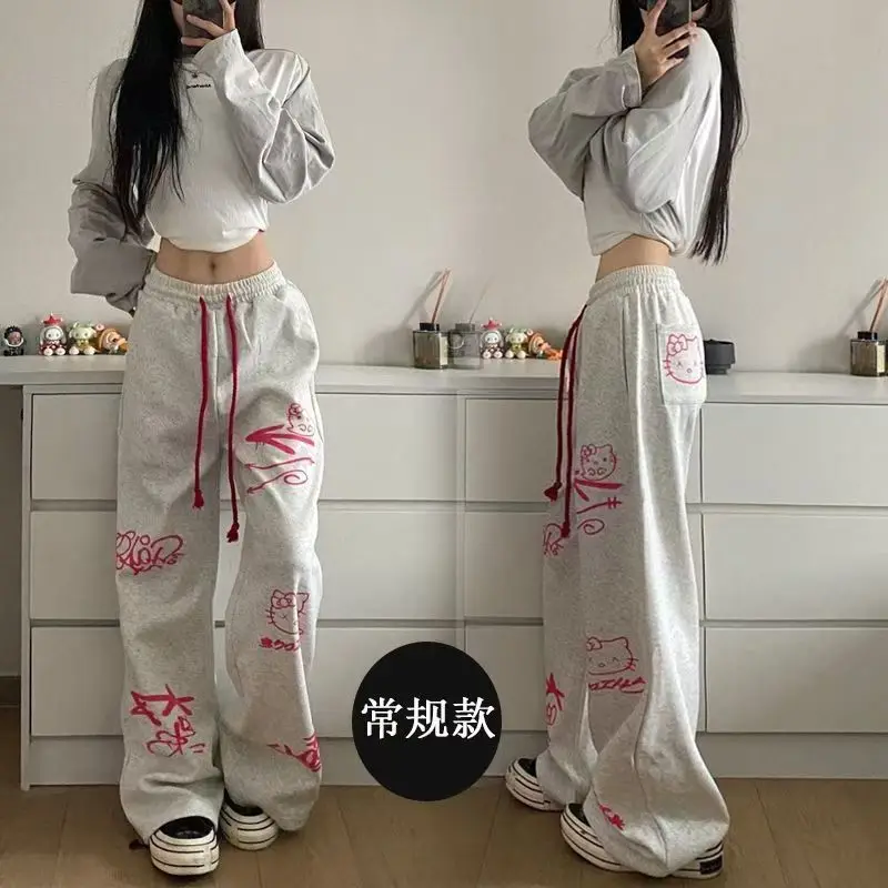 Sanrio American Retro Hello Kitty Printed Graffiti Casual Sports Pants Wide Leg Hip Hop Sweatpants Streetwear Women 2024 Summer image 4