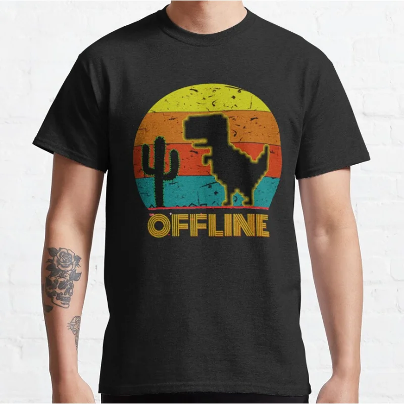 Funny 404 Trex cactus offline vintage retro 90s cartoon pixel video game dinosaur T-shirt for men large size Adult Tops S-6xl