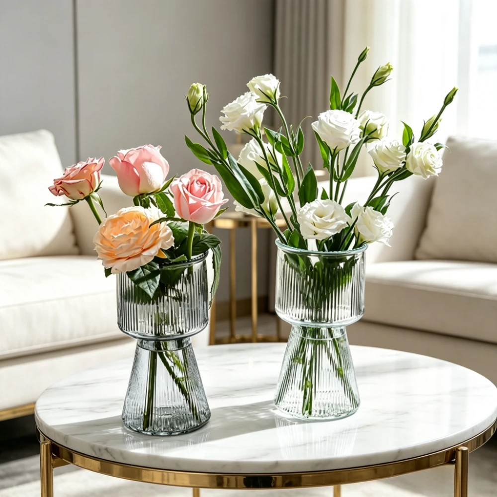 Nordic Style Ribbed Glass Vase Flowers and Roses Water Nourishing Large Caliber Vase Living Room Office Ornament Decor