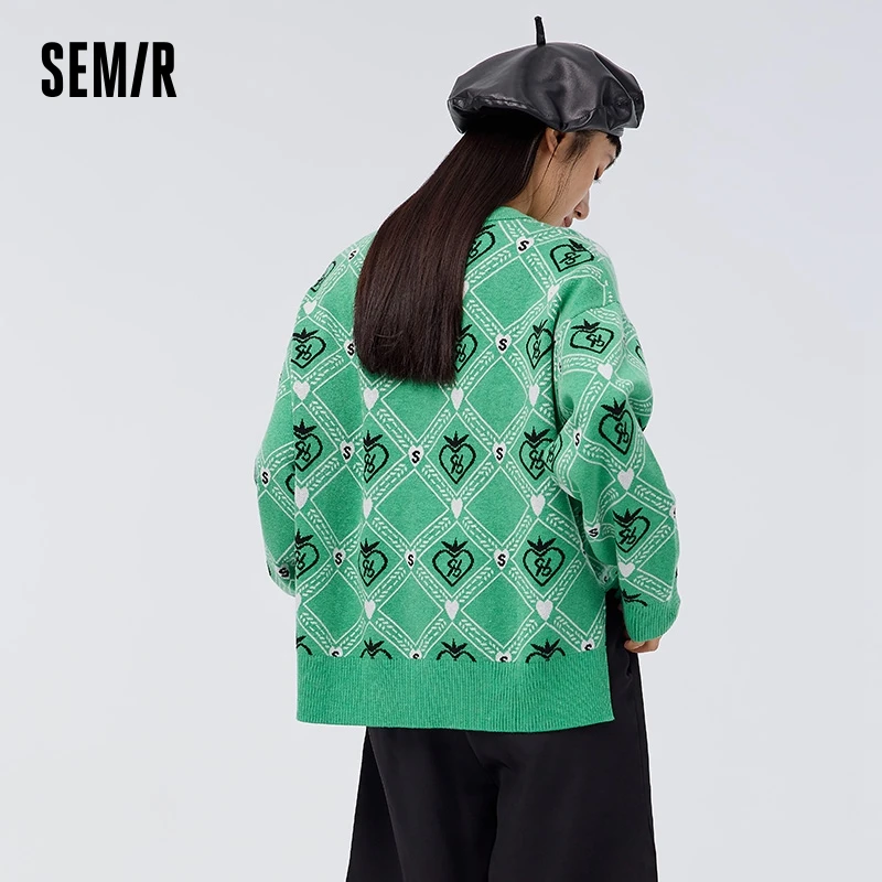 Semir Knitted Sweater Women Spring New Design Sense Jacquard Oversize Slit Checkered Top