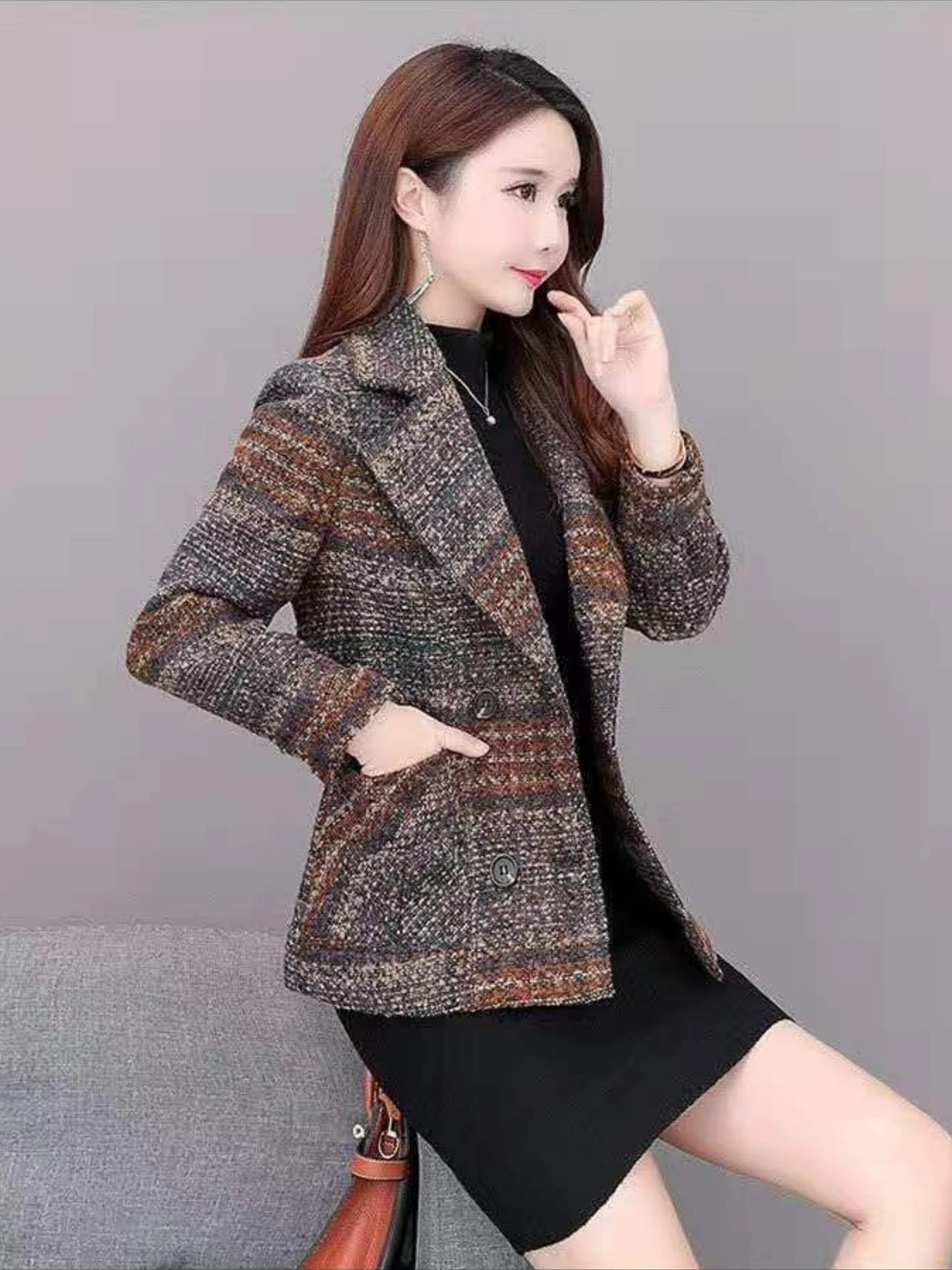 Algodão retro xadrez acolchoado misturas jaqueta mulher meio tweed lã mistura casaco para mulher curto outono quente novidade outerwears na moda