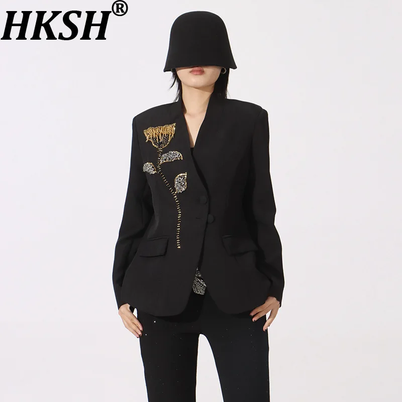 HKSH Spring Autumn New Women Blazer V-neck Single Breasted Beaded Flower High-End Slim Fit Elegant Fashion Tide Ins Coat HK16437