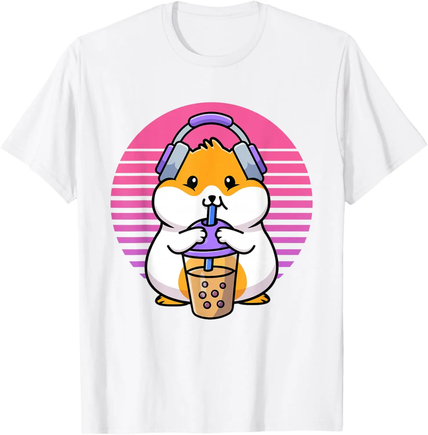 Kawaii Hamster Boba Tea Drink Retro Sunset Graphic Tee Soft Cotton T-Shirt Cute