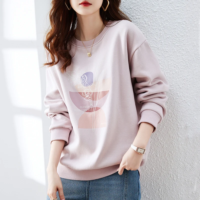 Women Fleece Winter Warm Sweatshirts Korean Fashion PInk Long Sleeve Loose Casual Jumper Printed Floral Pulls Y2K Elegant Tops