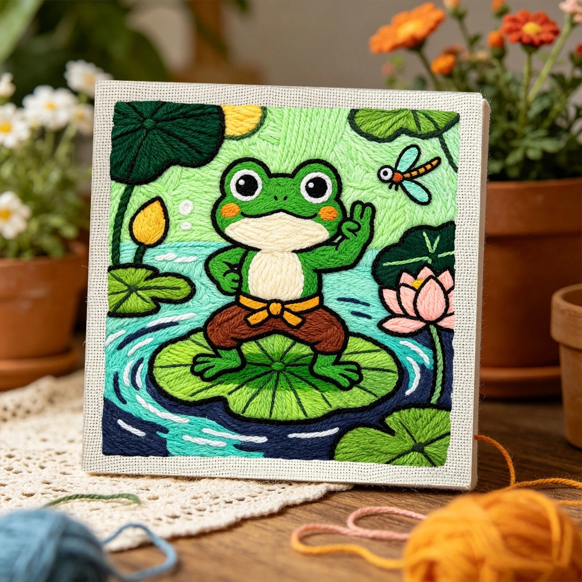 1 Set Frosch auf Lotusblatt DIY-Stickset für Anfänger, Stick-Starter-Kit, Kreuzstich-Kunstgeschenk, Nadelarbeiten – Detail 3