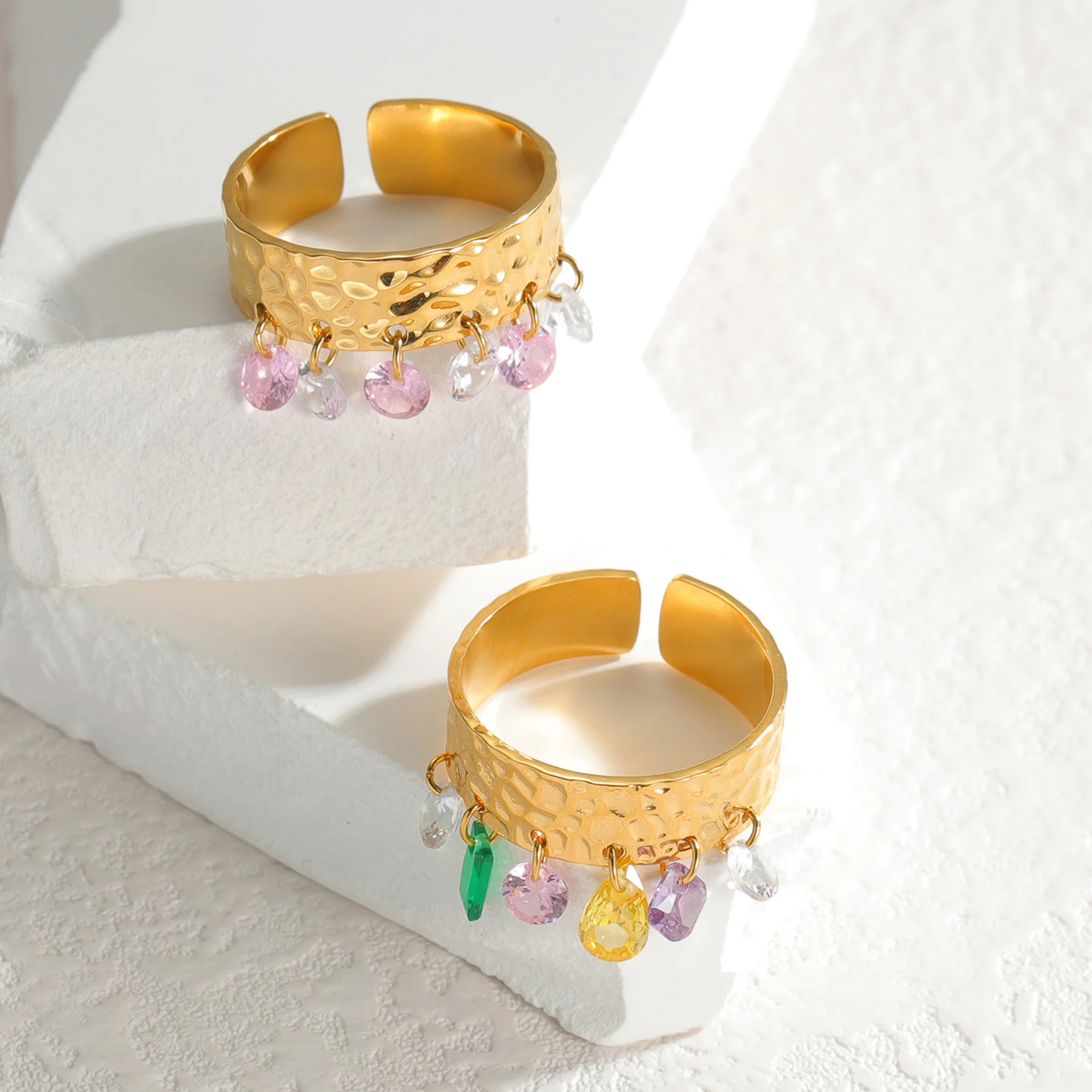 Seakissky Fashion Personality Ladies Drop Colored Stone Artificial Crystal Zircon Open Ring Fine Romantic High Quality Jewelry