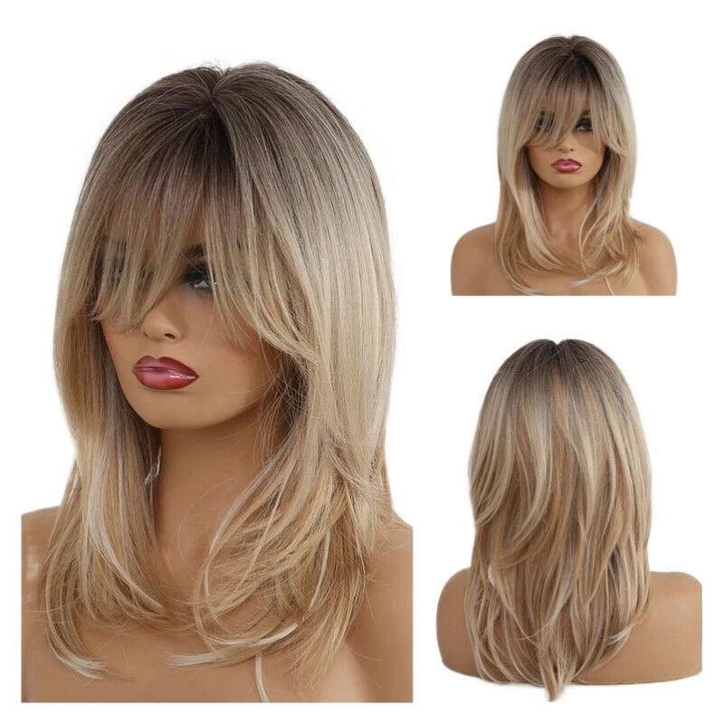 女性の日常のパーティーやハロウィーンのロールプレイングに適した前髪付き18インチのグラデーションゴールド合成ウィッグのクリアランスセール