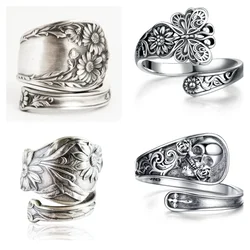 Boho Engraved Flower Flora Women Rings Ancient Vintage Finger Accessory for Party Daily Wear Personality Rings Female Jewelry