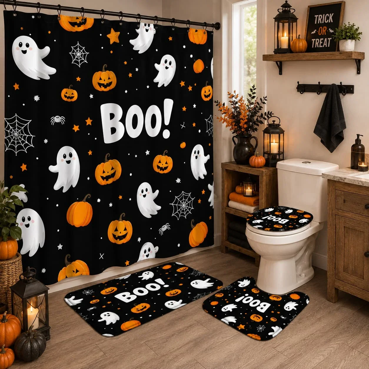 4pcs Halloween Boo Pumpkin Lantern Ghost Shower Curtain Set, Halloween Decor Bathroom Curtain Set with 12 Hooks Included Non-Sli