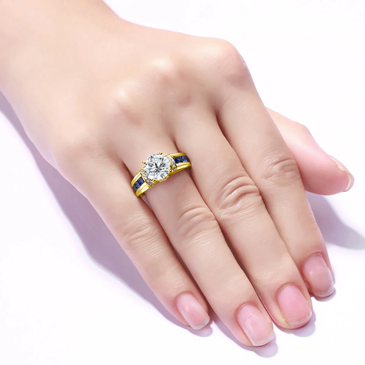 8mm 2ct Moissanite Ring 14K Gold Filled Durable Tarnish Resistant with Side Sapphire Accents Vintage Engagement Ring for Women