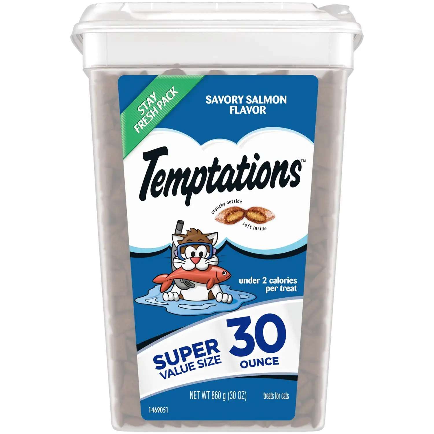 

Temptations Classic Savory Salmon Flavor Crunchy and Soft Dry Cat Treats, 30 oz Tub