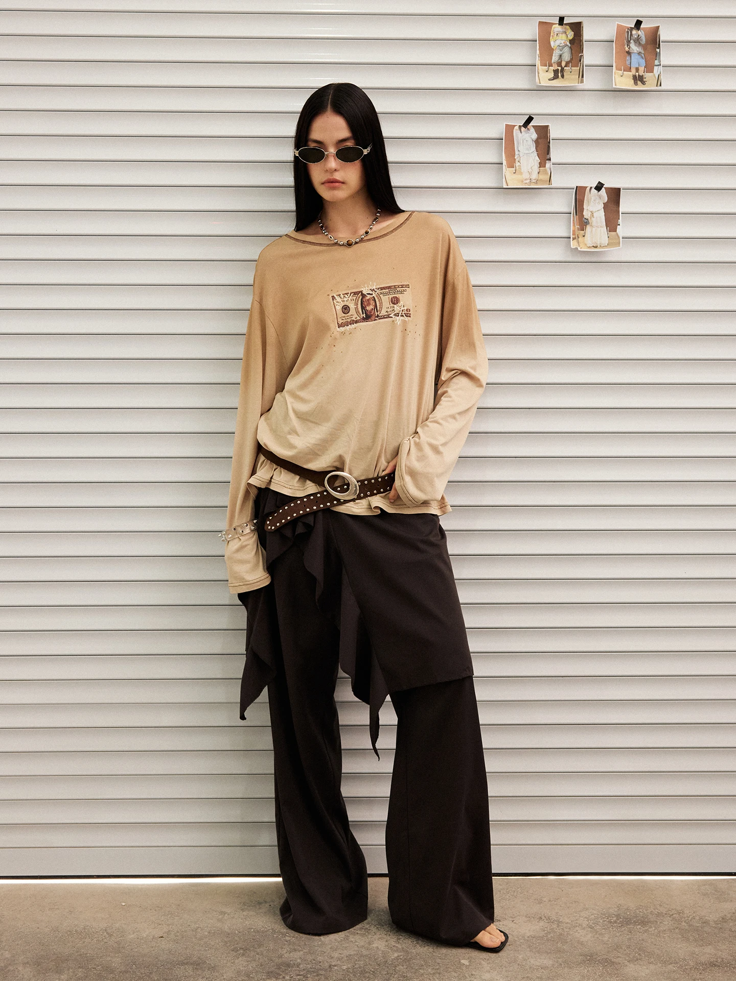 DIDDI MODA Long Sleeve U-Neck T-Shirt Women's Light Khaki Shoulder Drop Casual Style Loose Fit Summer New Arrival