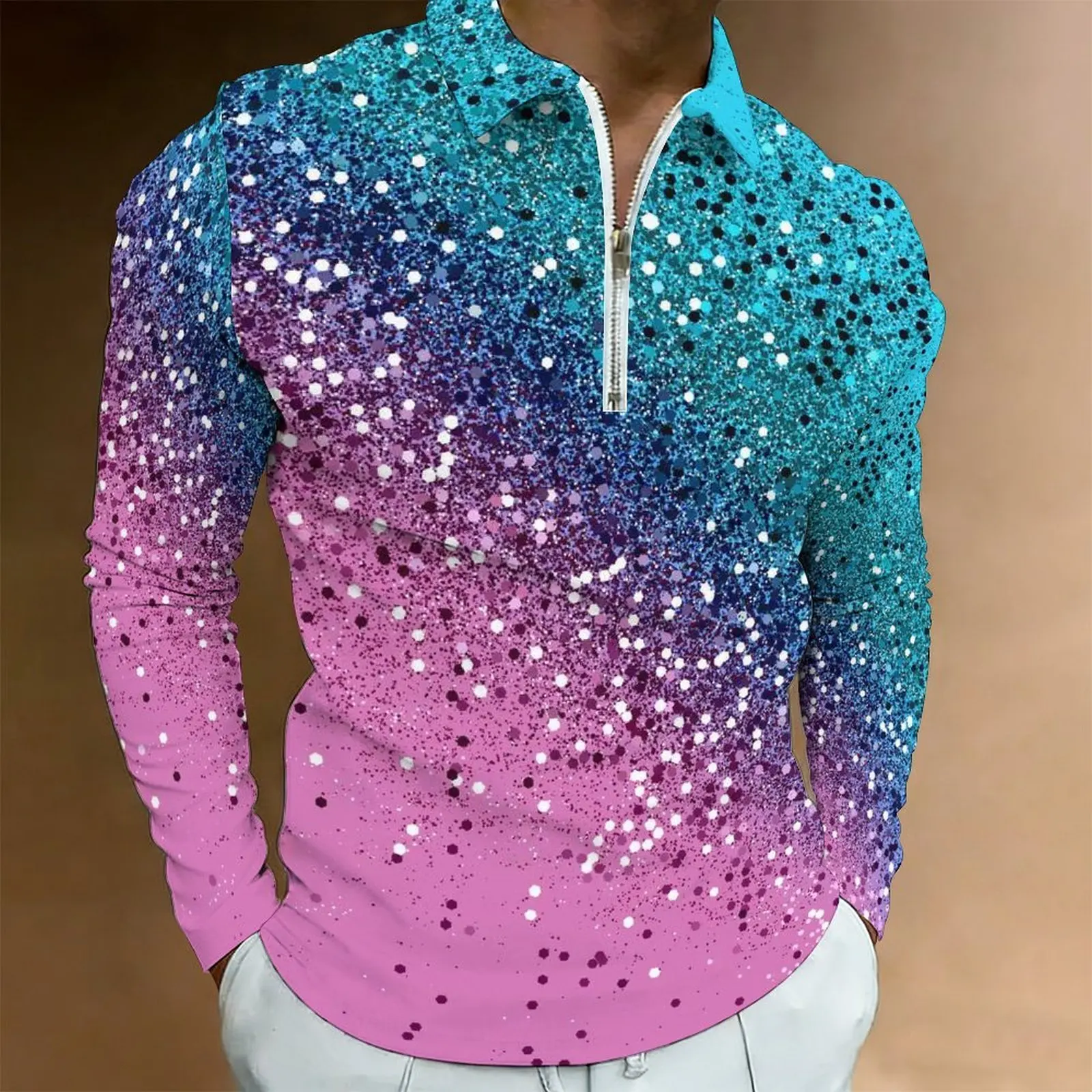 Men Print Half Zip Polo Shirt Long Sleeve Lapel Collar Casual Summer Mens Daily Tops Oversize